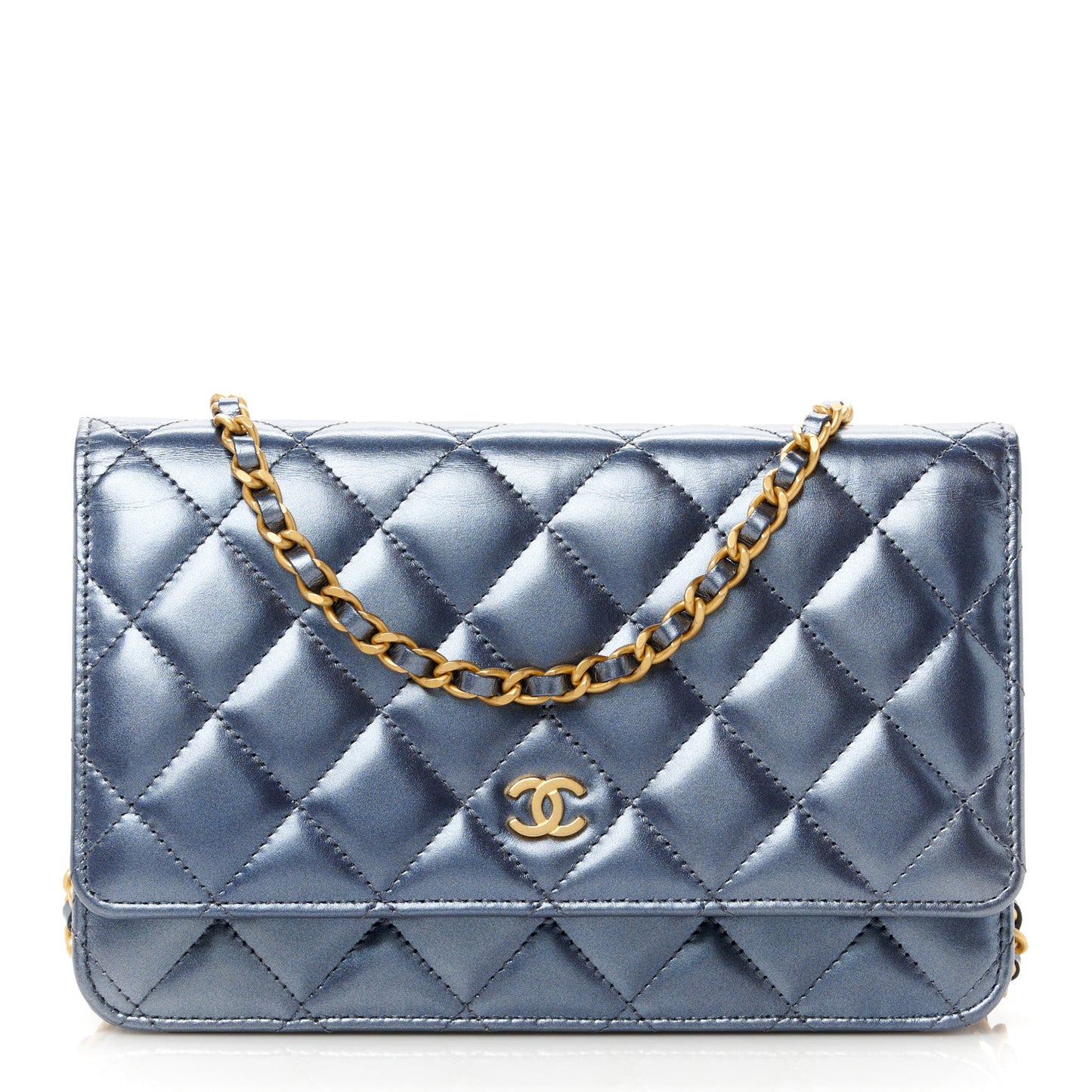Metallic Lambskin Wallet On Chain WOC Dark Blue