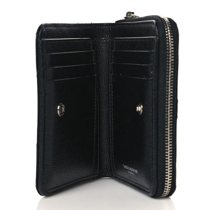 Saint Laurent Grain De Poudre Matelasse Chevron Monogram Compact Zip Around Wallet Black 5 of 9