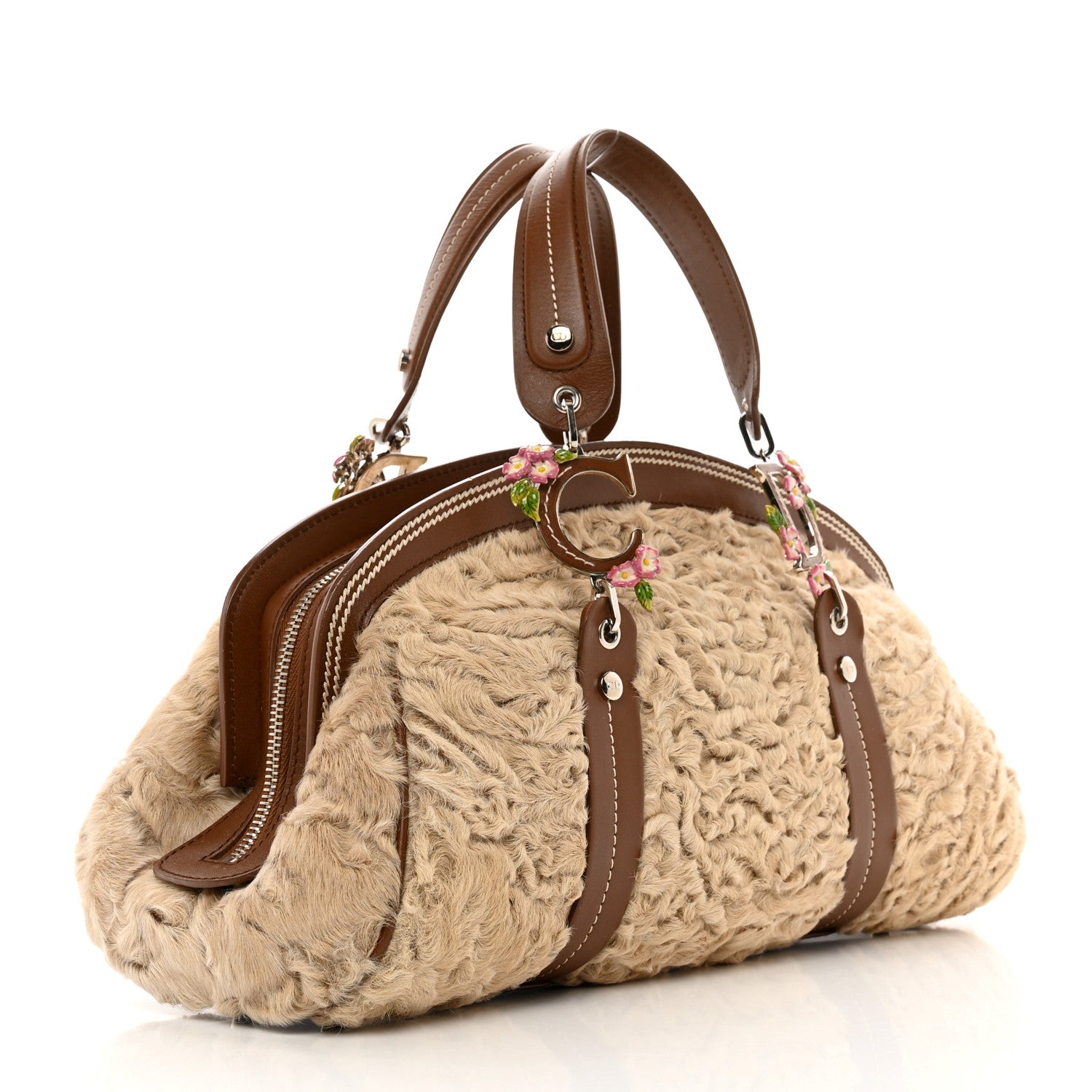 Christian Dior Astrakhan Calfskin Enamel Flower Medium Frame Satchel Beige 3 of 10