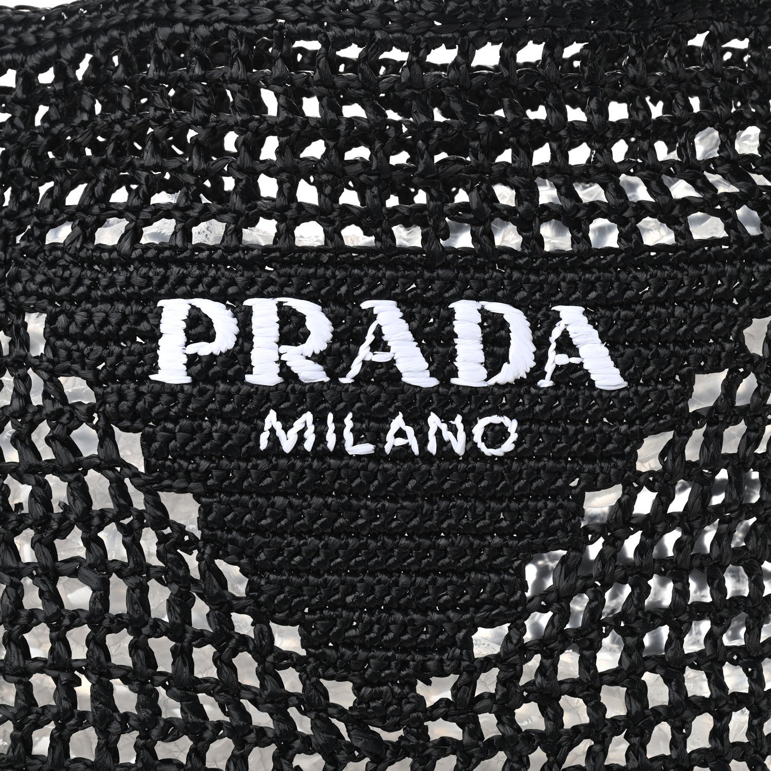 Prada Yarn Raffia Effect Crochet Logo Embroidered Tote Bag Black 8 of 10