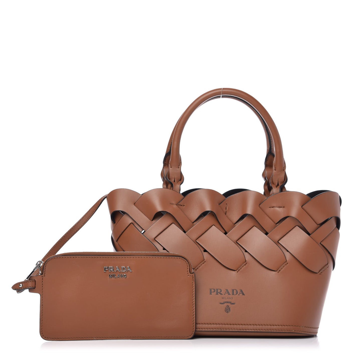 Vitello Intreccio Small Tress Tote Bag Cognac Black
