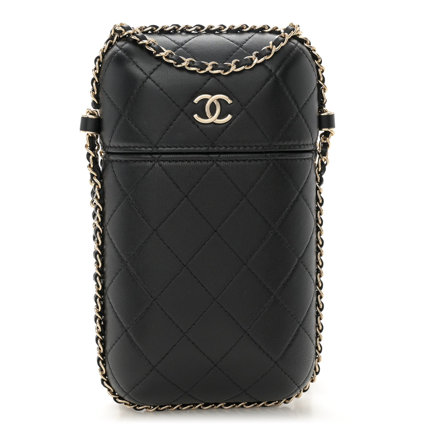 Lambskin Quilted Chain Around Phone Holder Black