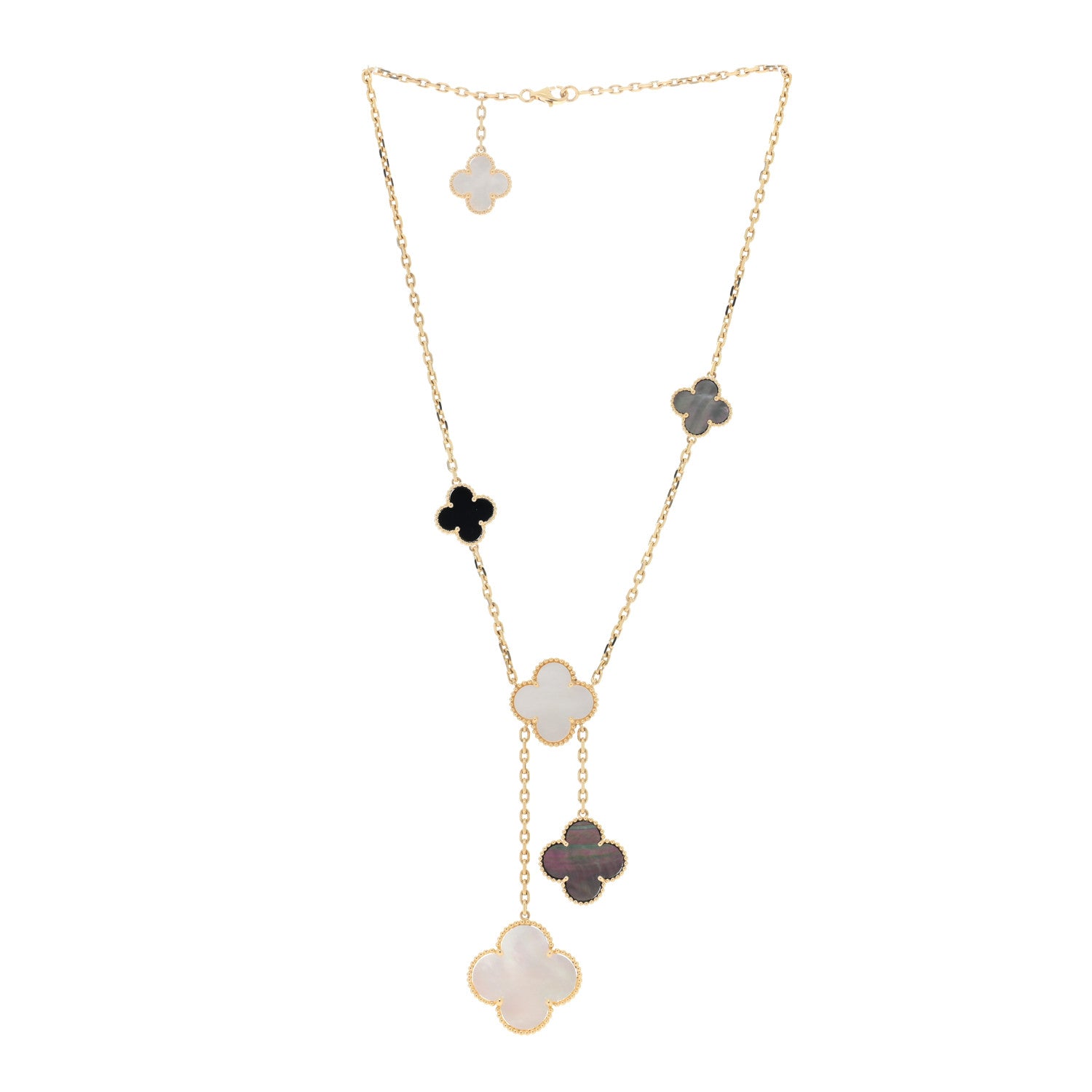 Van Cleef & Arpels 18K Yellow Gold Mother of Pearl Onyx 6 Motifs Magic Alhambra Necklace 3 of 6