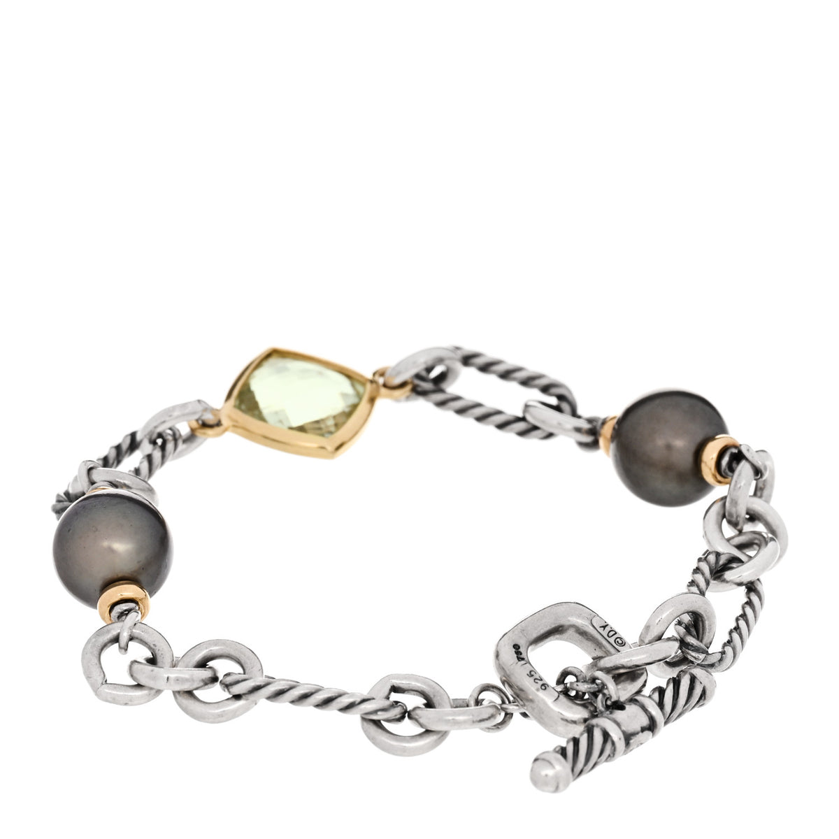 Sterling Silver 18K Yellow Gold Tahitian Cultured Pearl Prasiolite Figaro Bracelet
