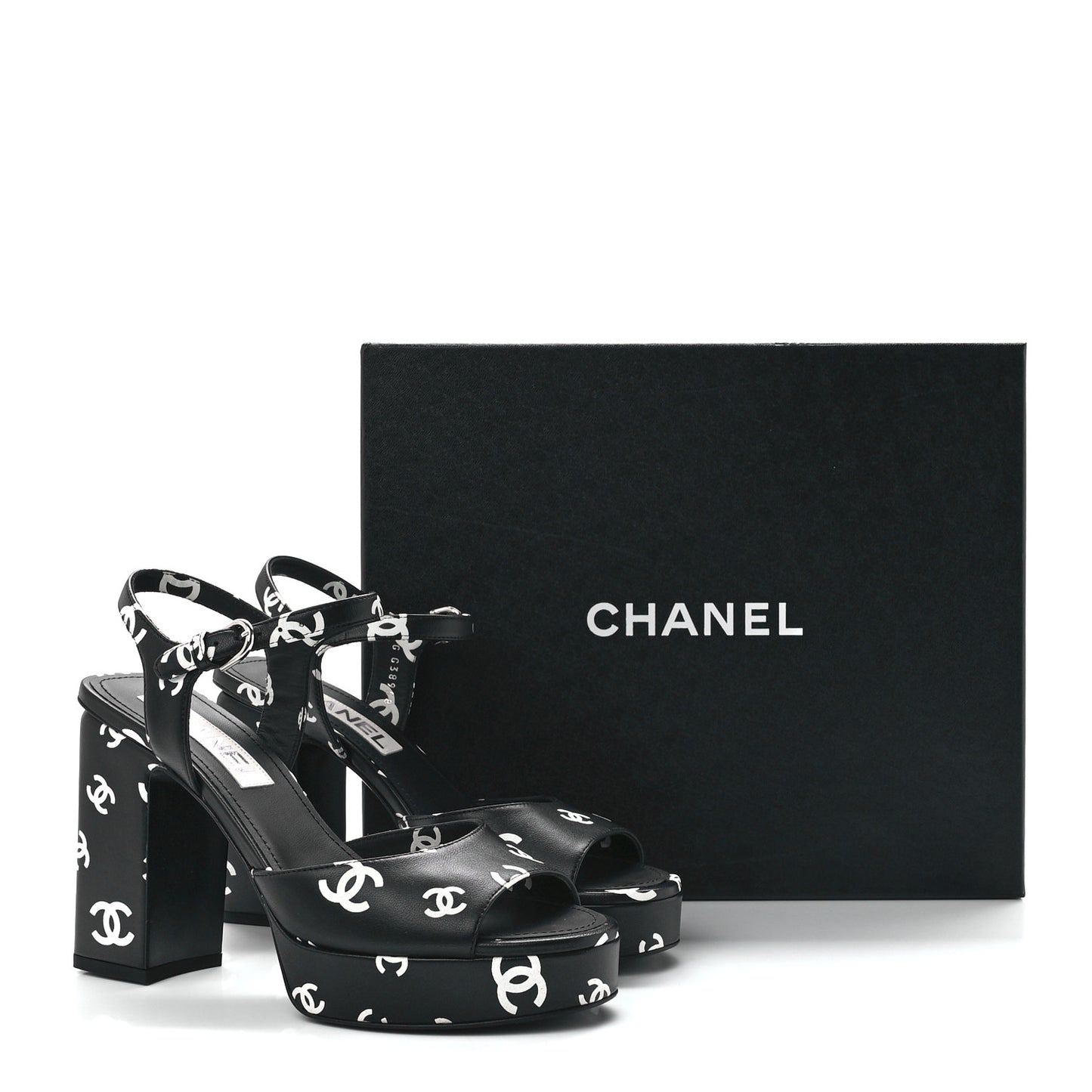 Printed Lambskin CC Platform Sandals 38 Black White