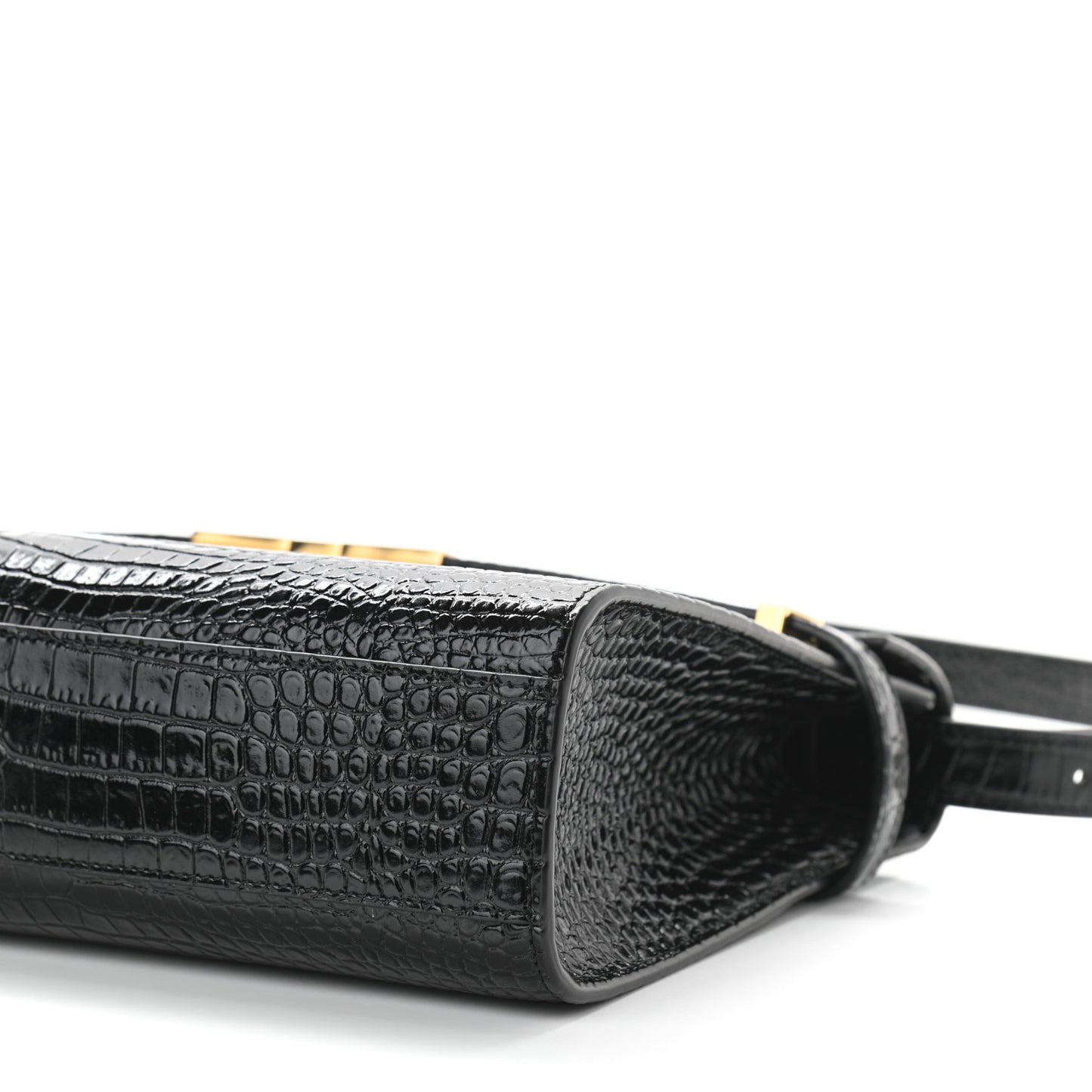 Shiny Calfskin Crocodile Embossed Manhattan Baguette Black