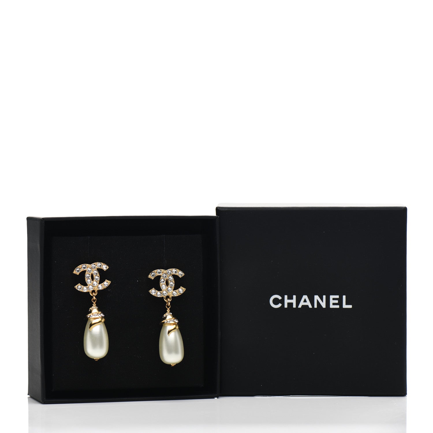 Chanel Crystal Long Pearl CC Drop Earrings Gold 5 of 5