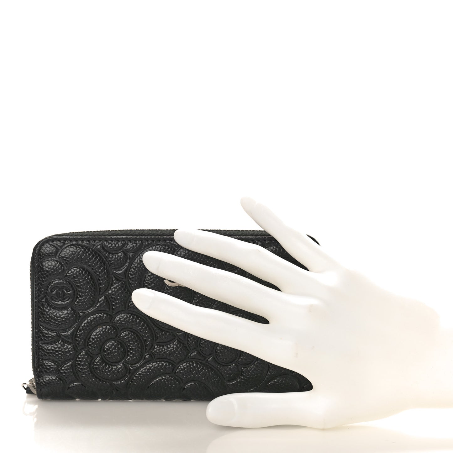 Caviar Camellia Embossed Large Zip Around Gusset Wallet Black