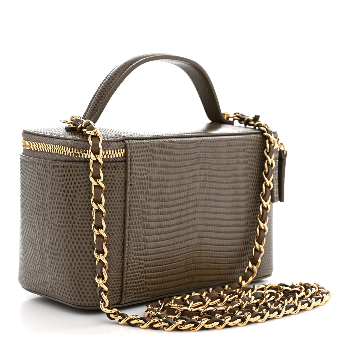Calfskin Lizard Embossed Top Handle Vanity With Chain Dark Khaki