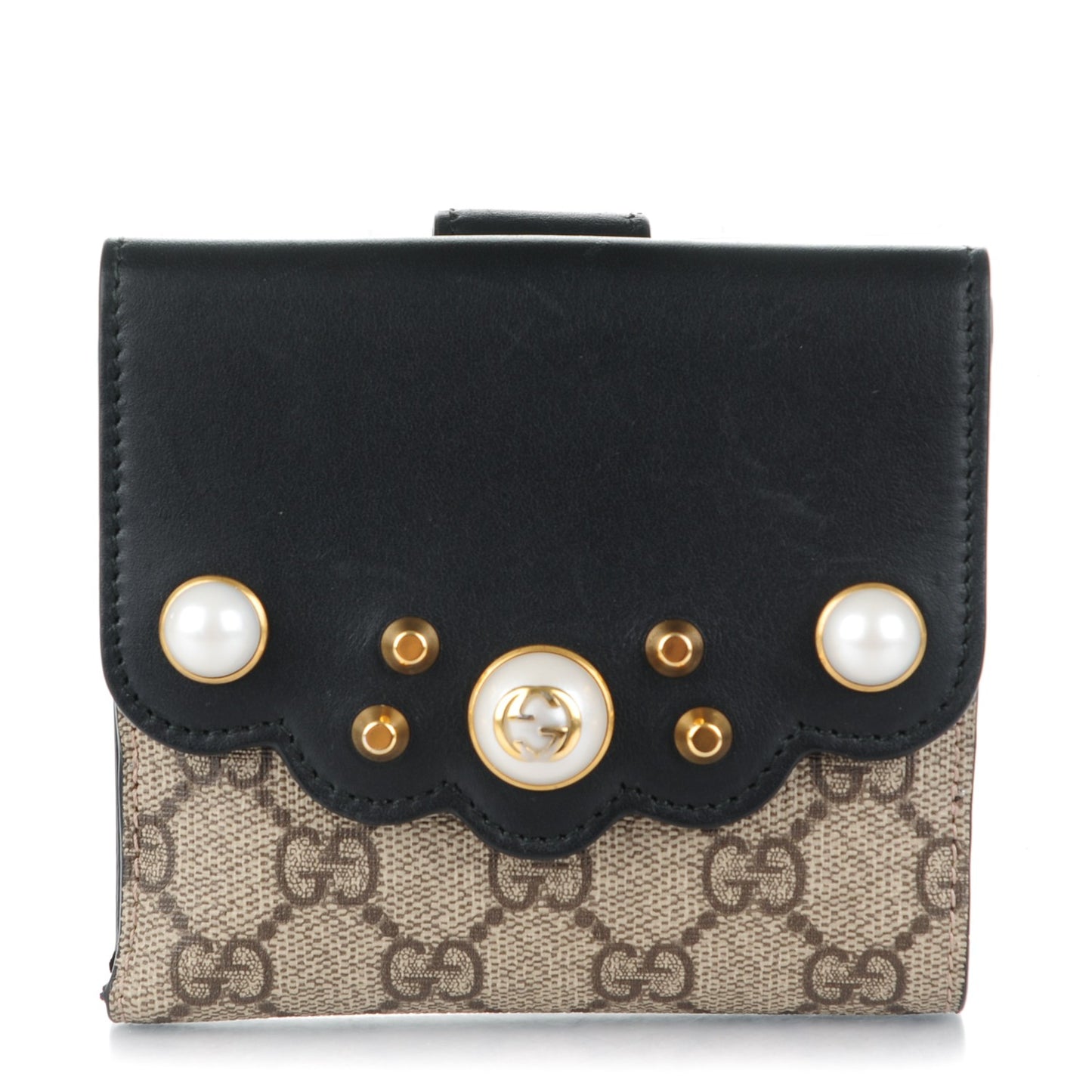 GG Supreme Monogram Pearl Studded French Wallet Black