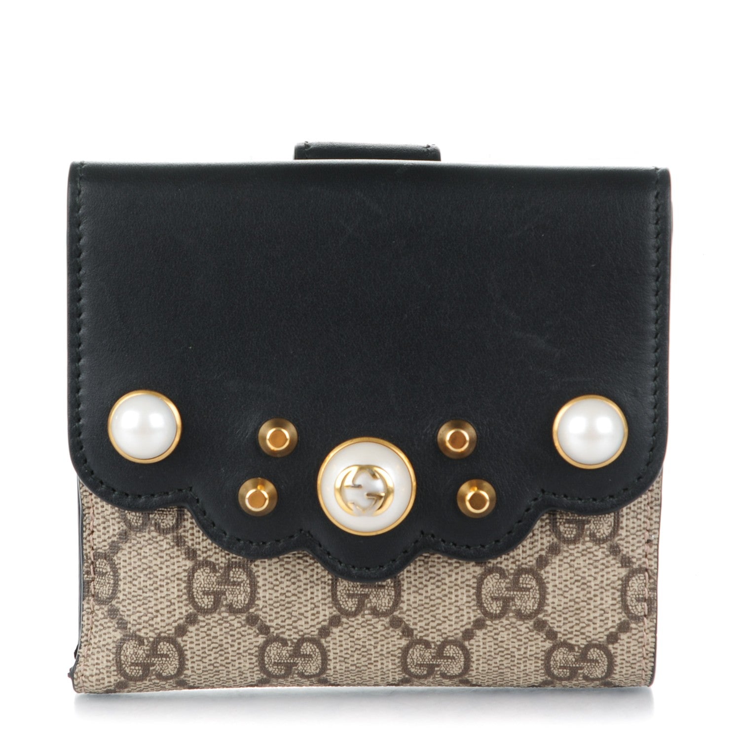 Gucci GG Supreme Monogram Pearl Studded French Wallet Black 1 of 7