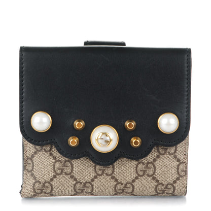 Gucci GG Supreme Monogram Pearl Studded French Wallet Black 1 of 7