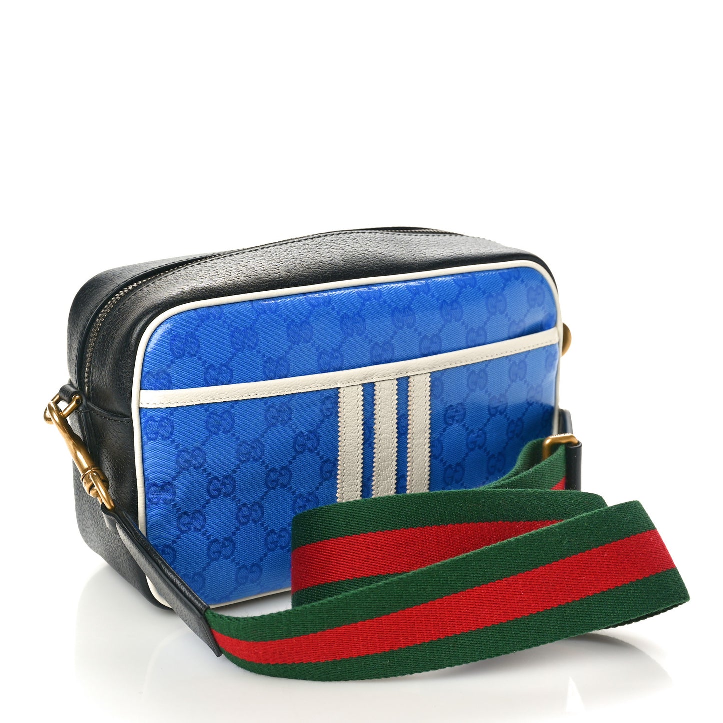 X ADIDAS Crystal Vintage Monogram Textured Dollar Calfskin Web Trefoil Logo Small Messenger Bag Bright Splash Off White Black