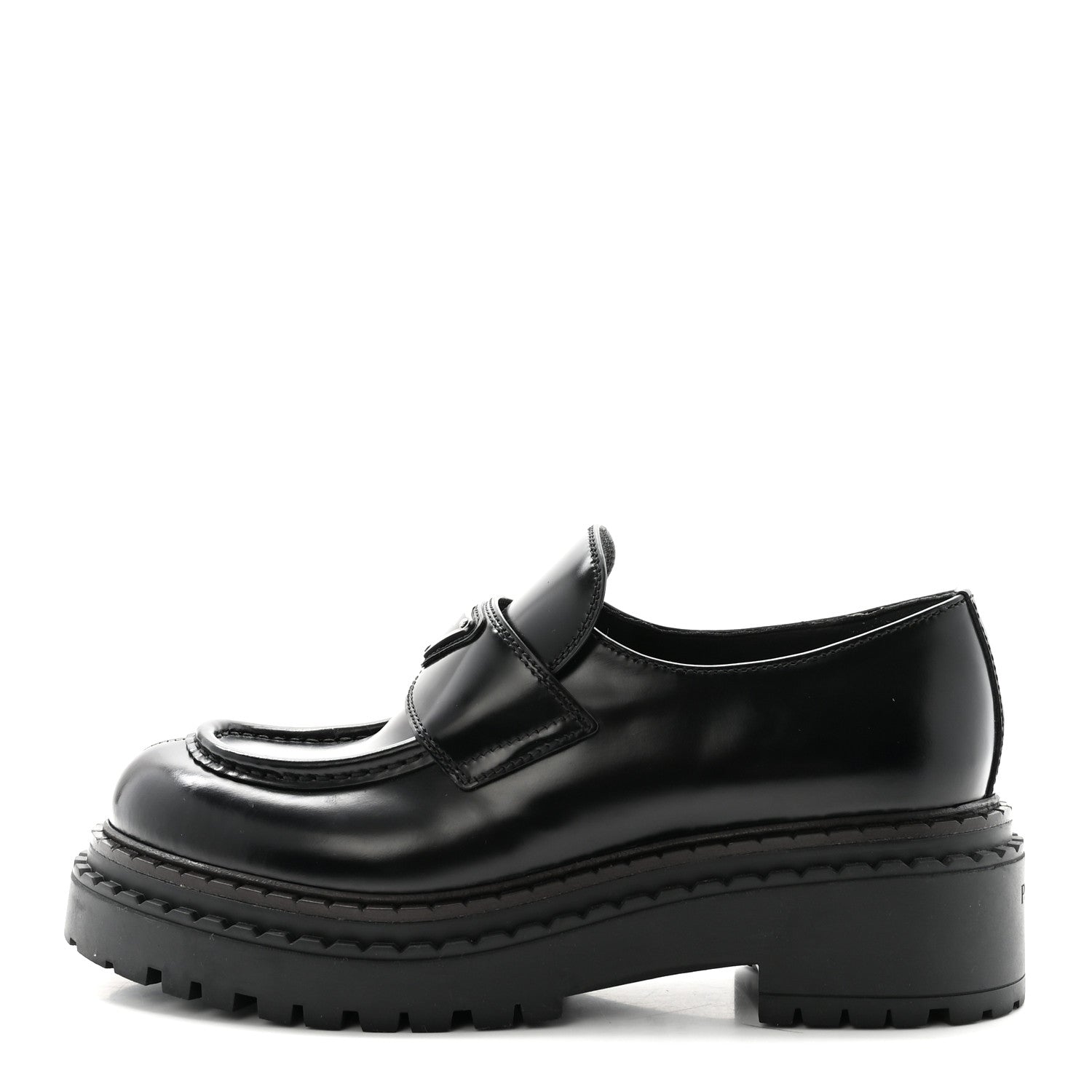 Prada Metal Triangle Logo Double Chocolate Loafers 38 Black 1 of 9