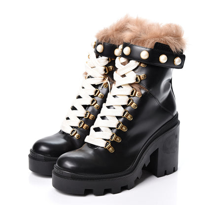 Gucci Magnum Calfskin Fur Pearl Lace Up Combat Ankle Boots 38.5 Black Naturale 3 of 11