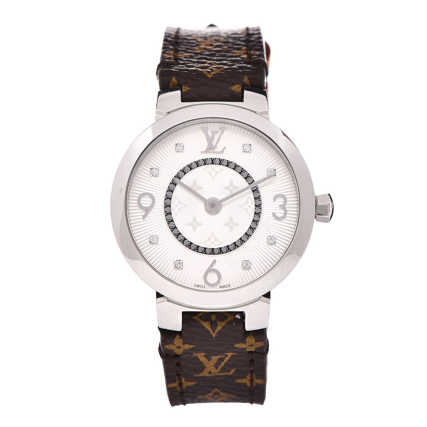 Louis Vuitton Stainless Steel Monogram Diamond 28mm Tambour Slim Quartz Watch 1 of 8