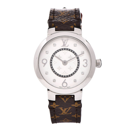 Louis Vuitton Stainless Steel Monogram Diamond 28mm Tambour Slim Quartz Watch 1 of 8