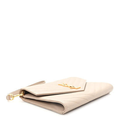 Saint Laurent Grain De Poudre Matelasse Chevron Monogram Envelope Clutch Dark Beige 4 of 7