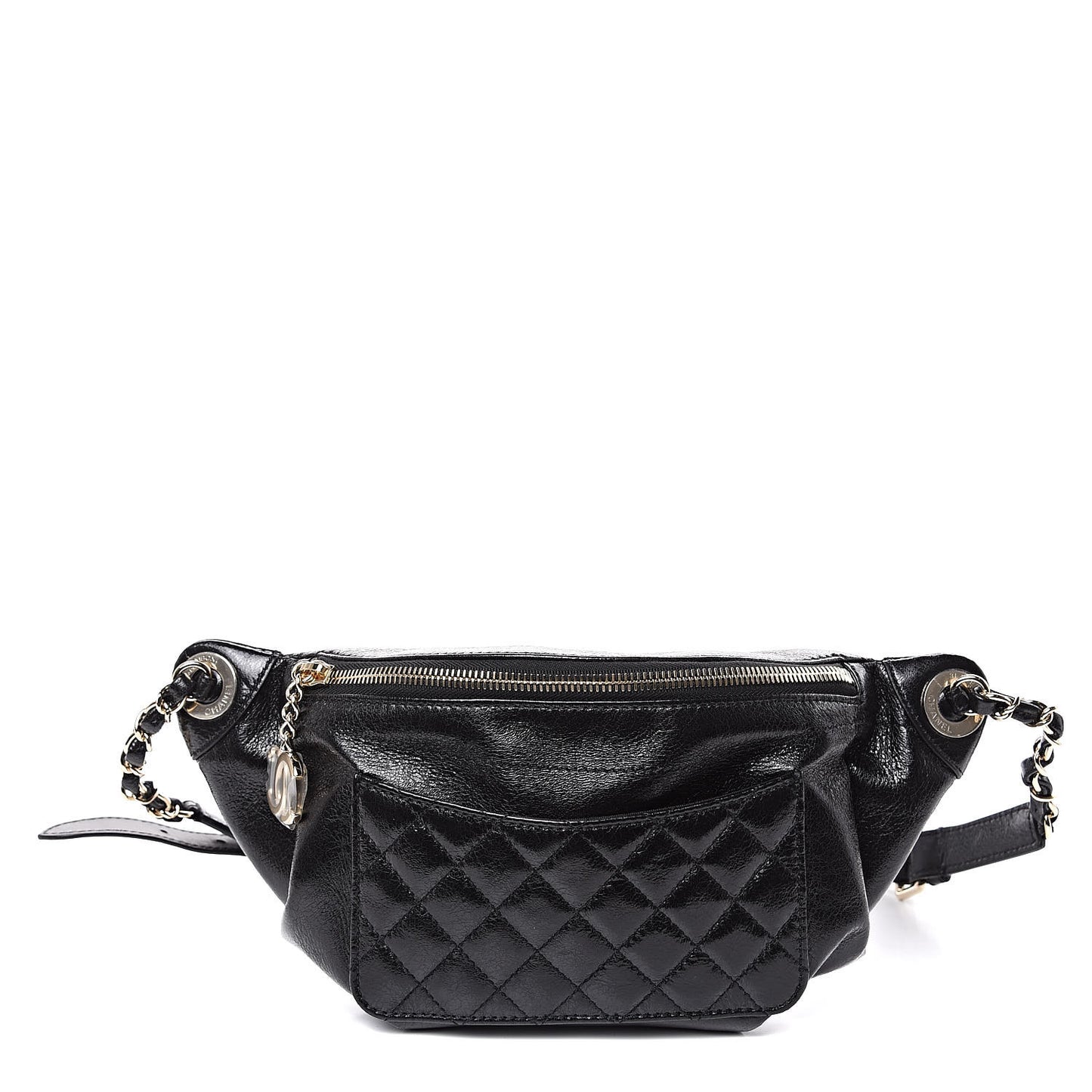 Crumpled Glazed Lambskin Quilted Waist Bag Fanny Pack Black