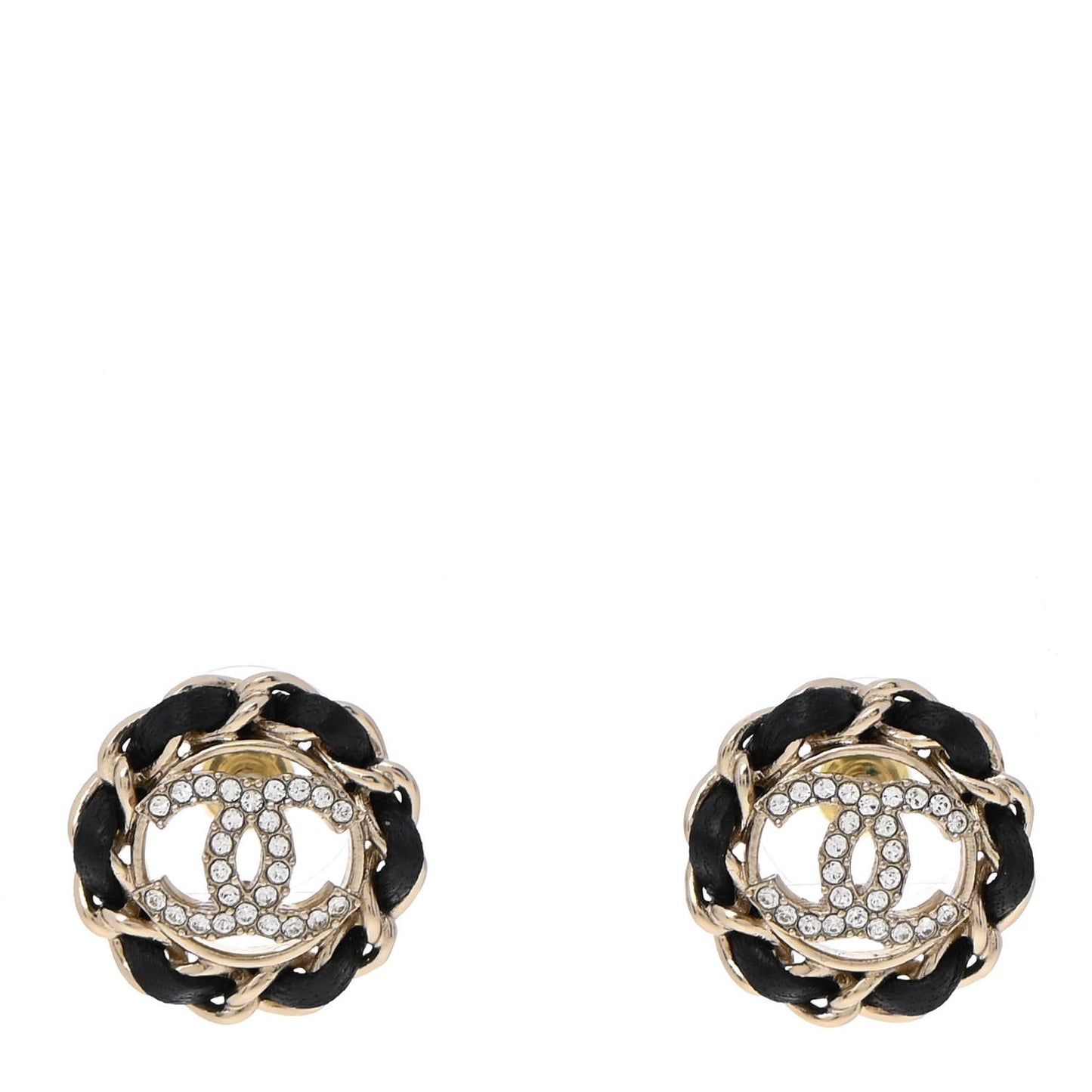 Crystal Lambskin Chain CC Stud Earrings Black Gold