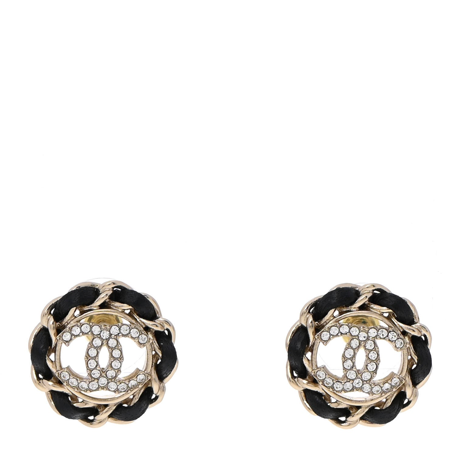 Chanel Crystal Lambskin Chain CC Stud Earrings Black Gold 1 of 5