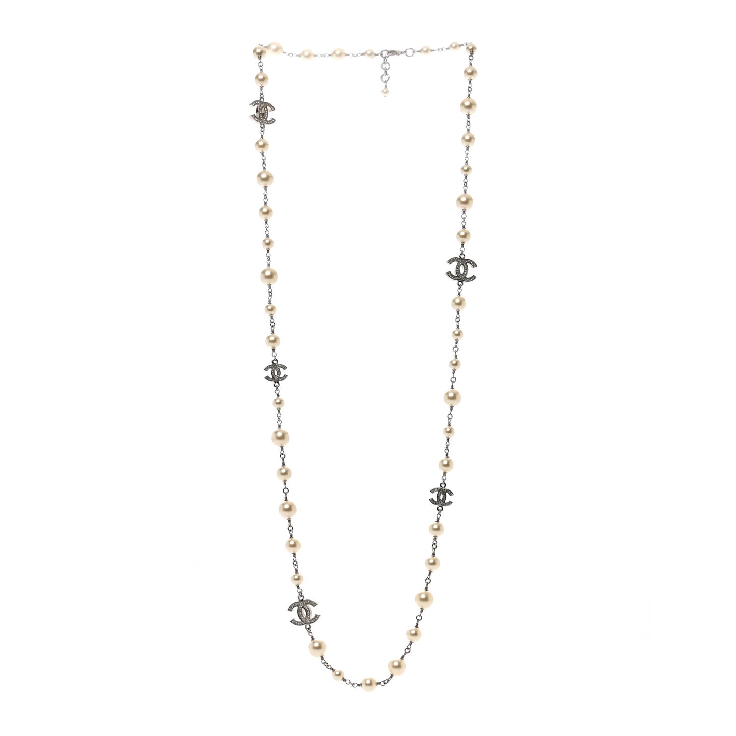 Graduated Pearl Crystal CC Long Necklace Silver
