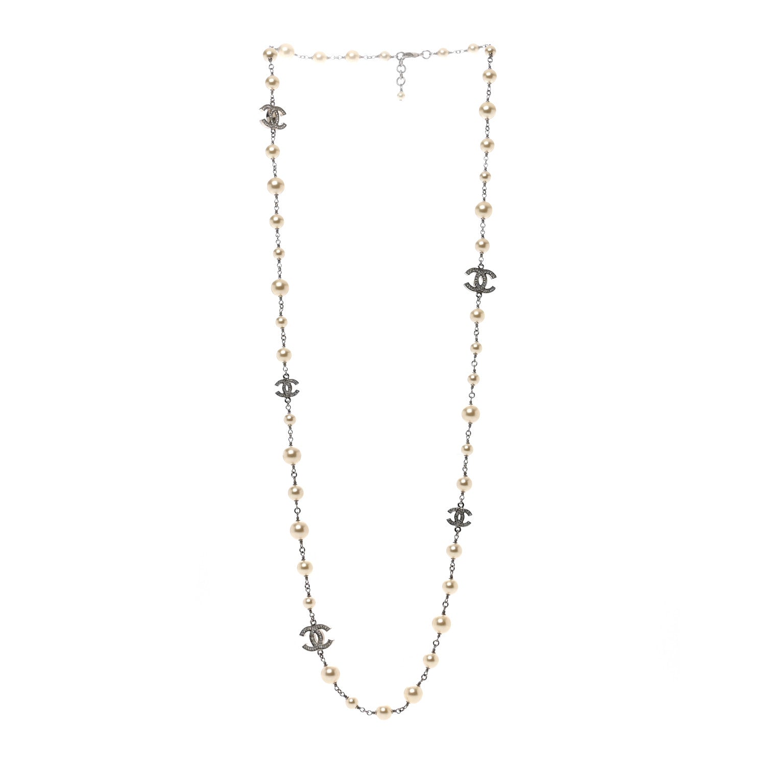 Chanel Graduated Pearl Crystal CC Long Necklace Silver 3 of 4