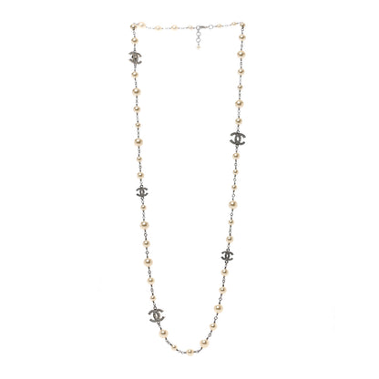 Chanel Graduated Pearl Crystal CC Long Necklace Silver 3 of 4
