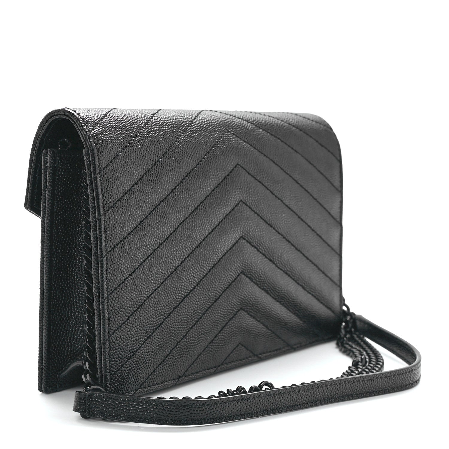 Saint Laurent Grain De Poudre Matelasse Chevron Monogram Monochrome Envelope Chain Wallet Black 3 of 11