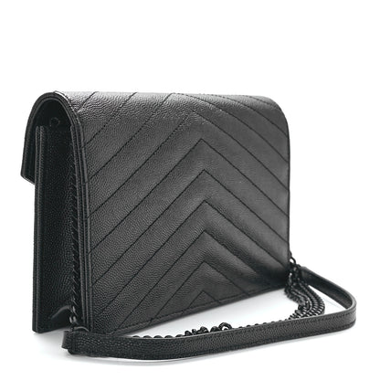 Saint Laurent Grain De Poudre Matelasse Chevron Monogram Monochrome Envelope Chain Wallet Black 3 of 11
