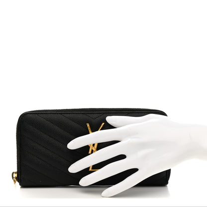 Saint Laurent Grain De Poudre Matelasse Chevron Monogram Zip Around Wallet Black 2 of 8
