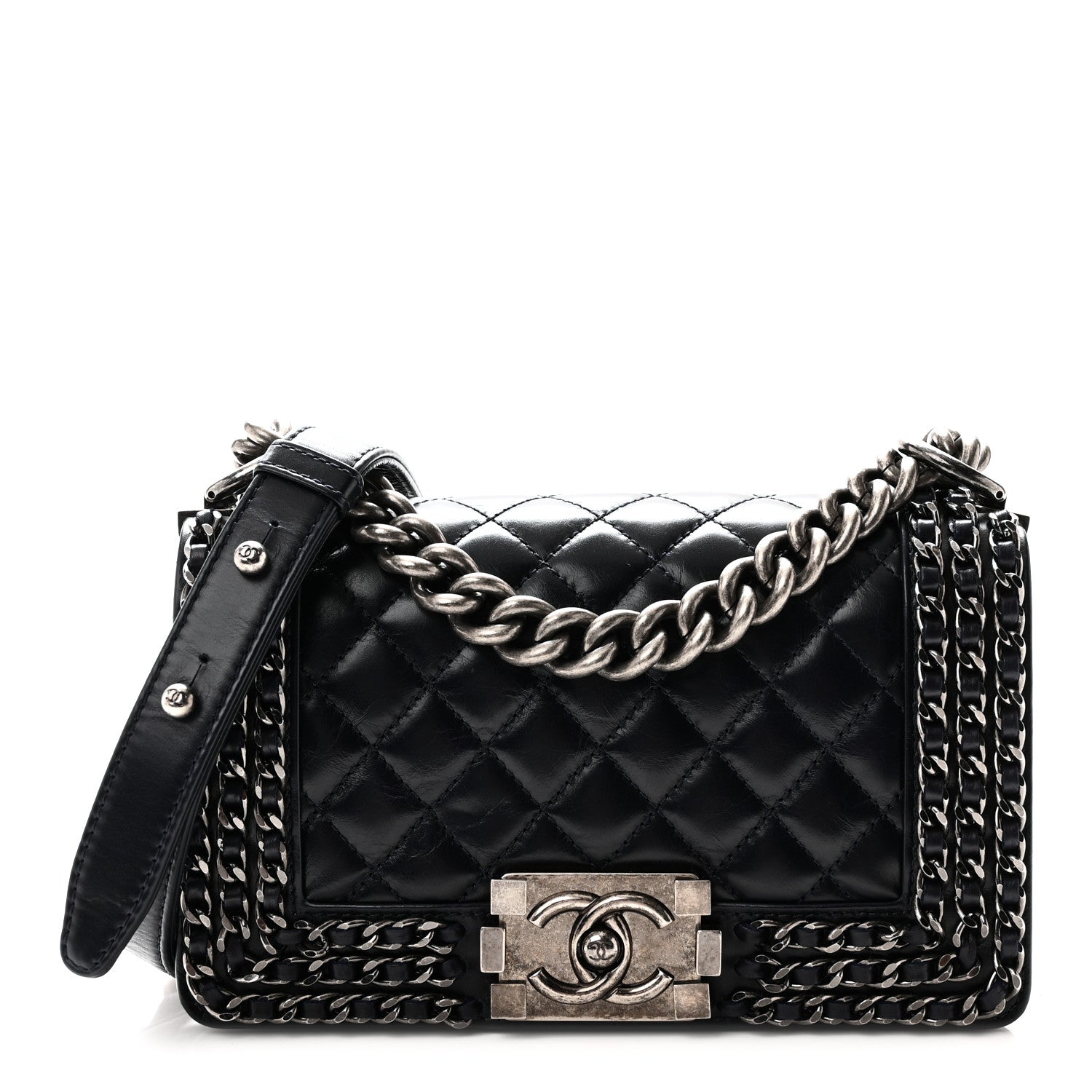 Chanel Glazed Calfskin Quilted Small Boy Chained Flap Navy 1 of 10