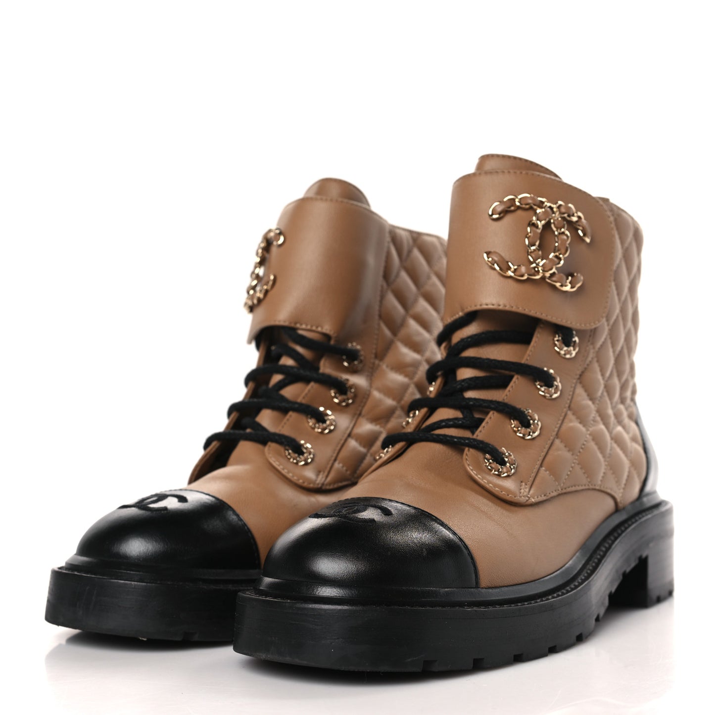 Lambskin Calfskin Quilted Lace Up Combat Boots 39 Light Brown Black