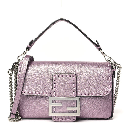 Fendi Metallic Cuoio Roma Sellerissima Nappa Sintetica Tape Stitch Mini Baguette Rosa Placca Argento 1 of 9