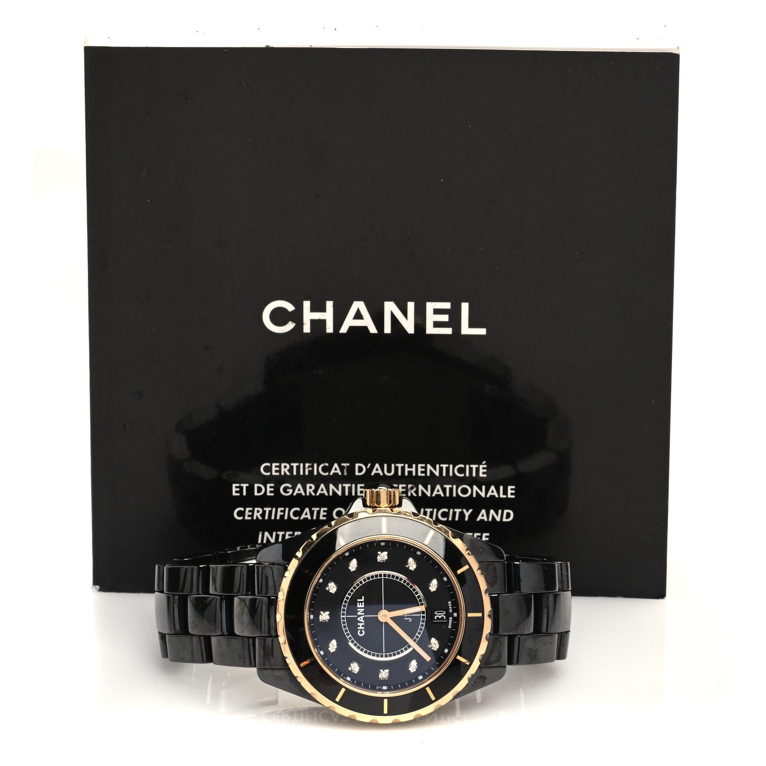 Chanel Stainless Steel 18K Yellow Gold Ceramic Diamond 38mm J12 Quartz Watch Black 5 of 5