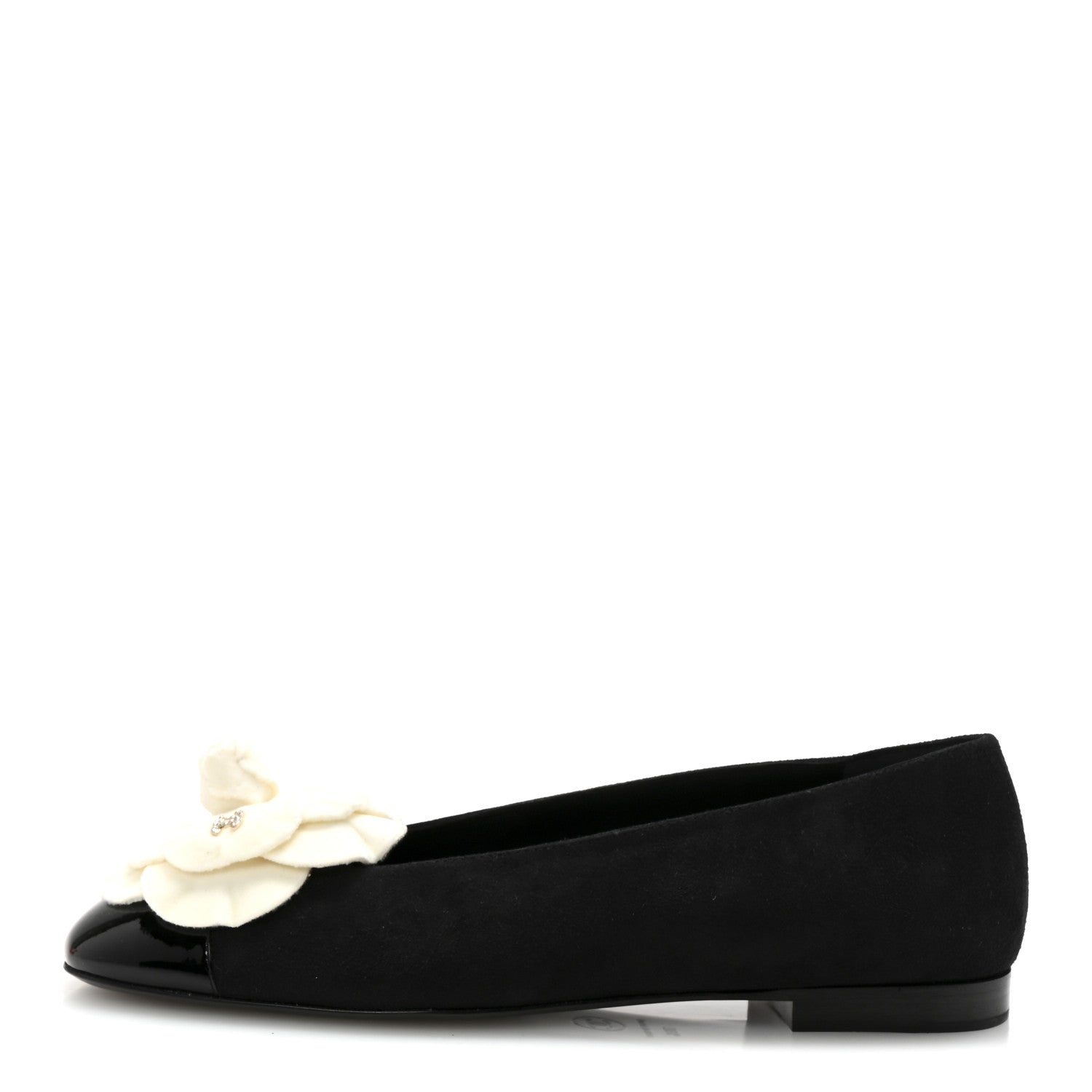 Chanel Suede Patent Cap Toe Camellia Ballerina Flats 39.5 Black White 1 of 10