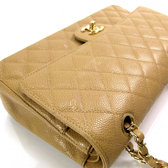 Caviar Quilted Medium Double Flap Beige