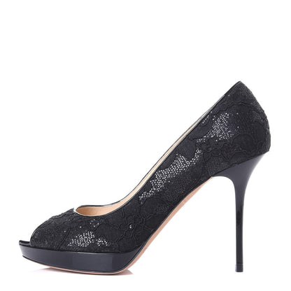 Jimmy Choo Lace Glitter Luna Peep Toe Pumps 37 Black 1 of 10