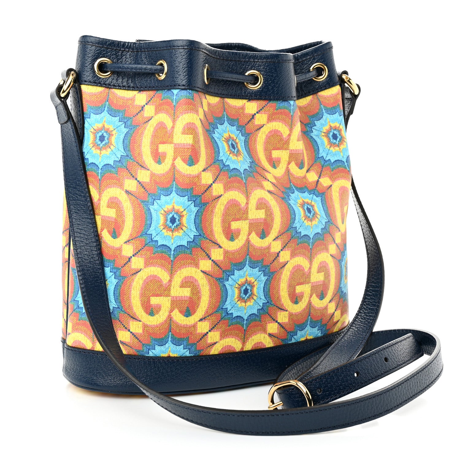 Gucci GG Supreme Kaleidoscope Calfskin Script Logo Gucci 100 Bucket Drawstring Bag Blue Orange Multicolor Blue Agata 3 of 10