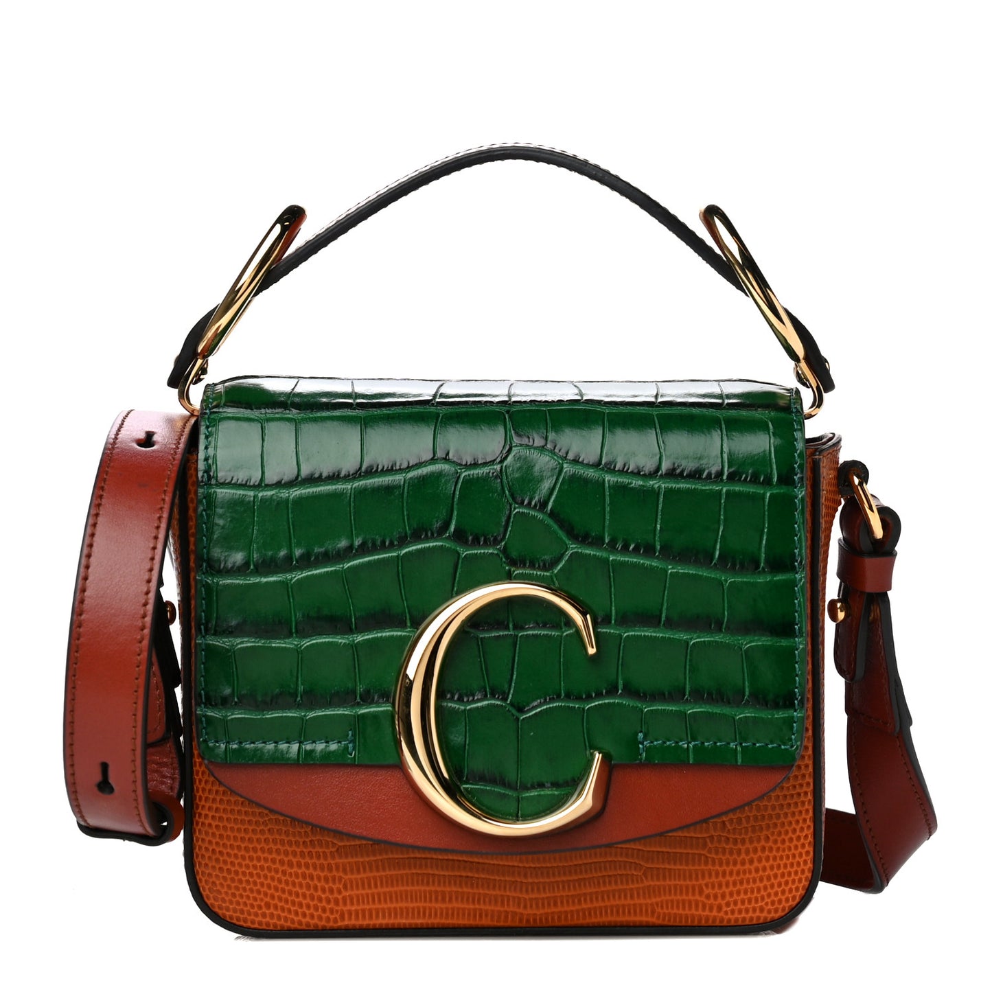 Calfskin Crocodile Embossed Mini C Double Carry Woodsy Green Chestnut Brown