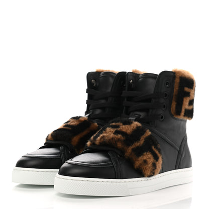 Fendi Vitello Shearling FF High Top Sneakers 35 Black Brown 3 of 8