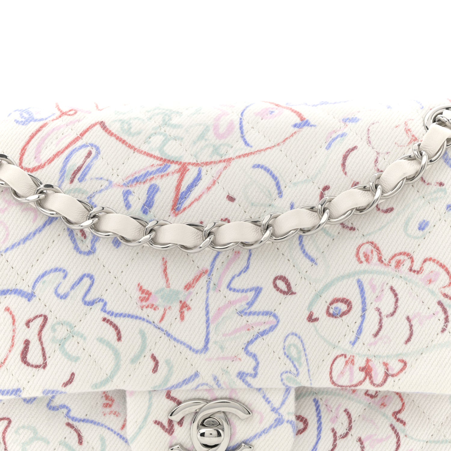 Chanel Denim Printed Fish Quilted Medium Double Flap White Multicolor 8 of 10