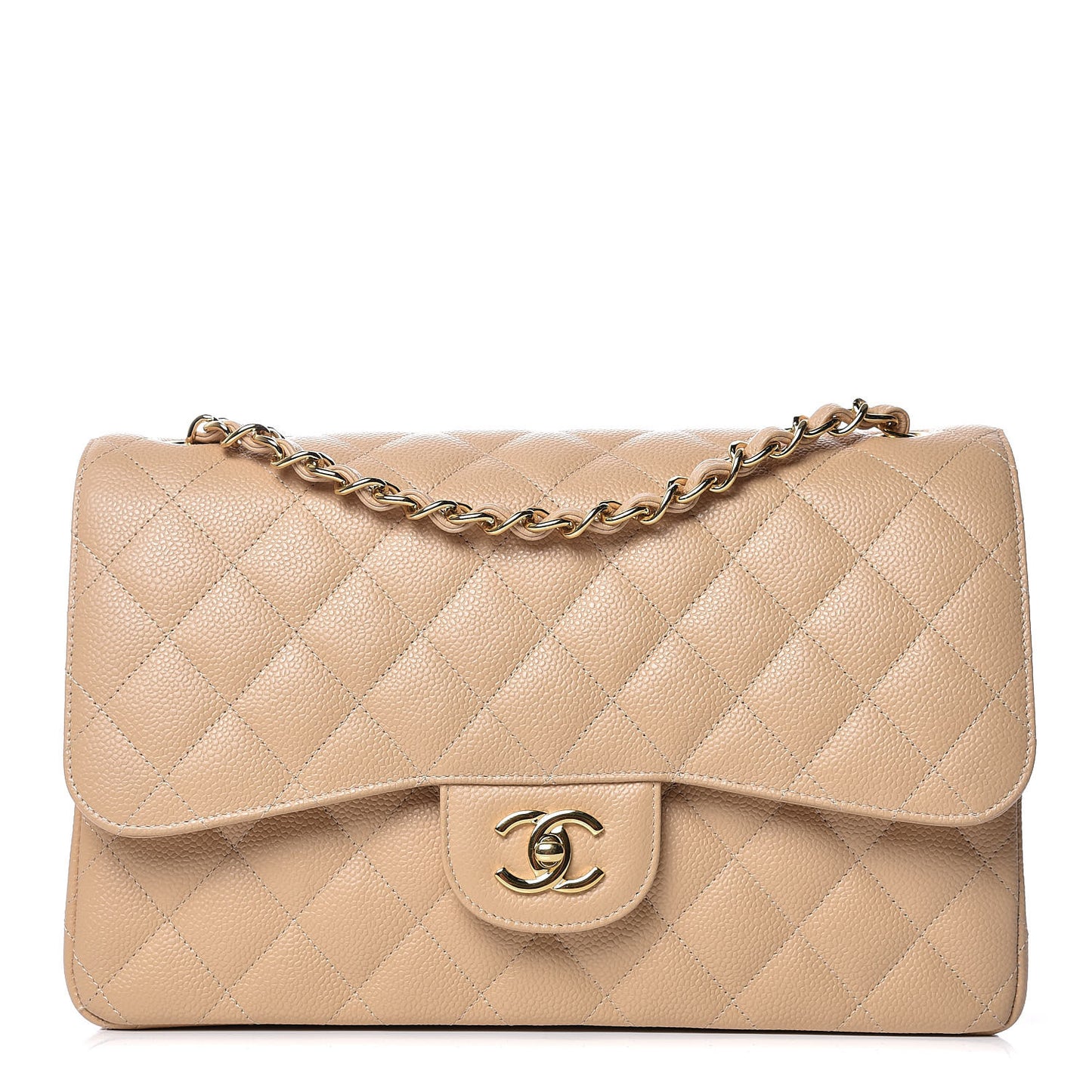 Caviar Quilted Jumbo Double Flap Beige Clair