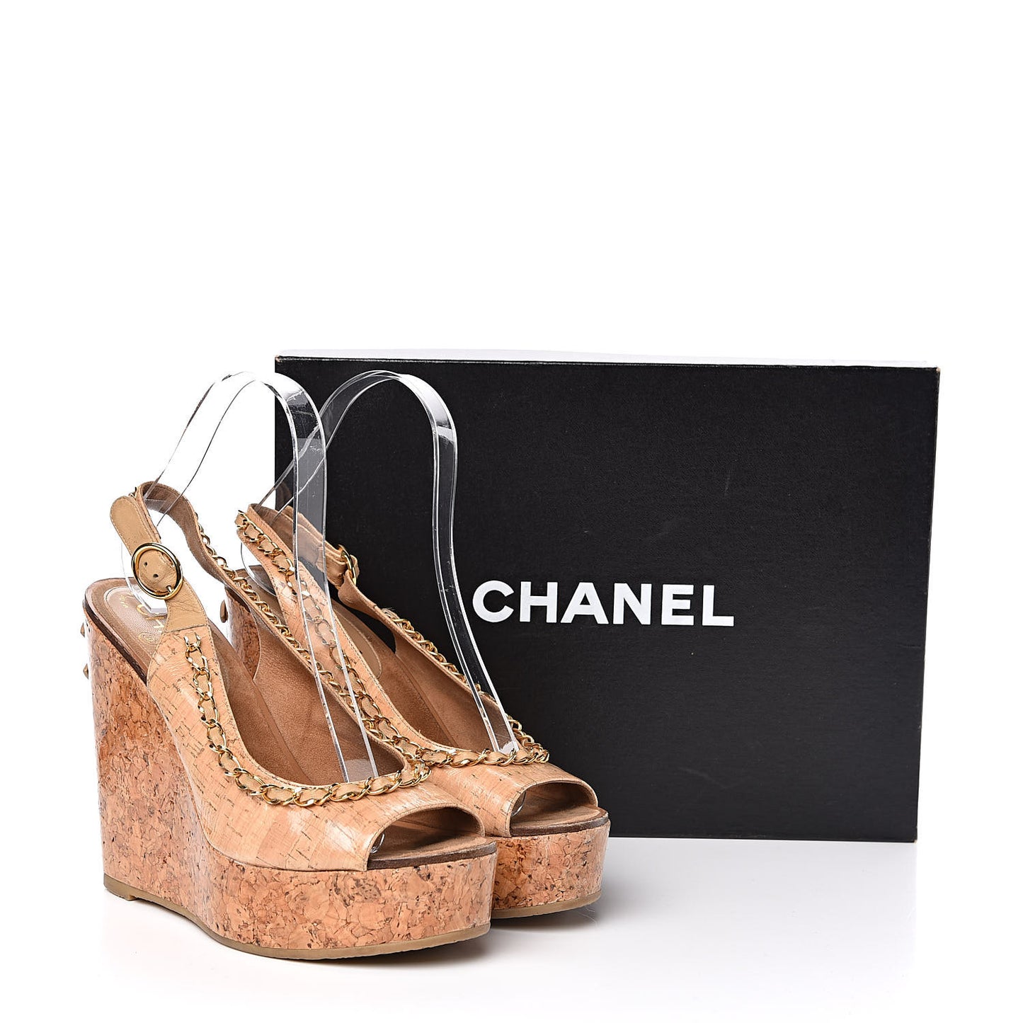 Cork Chain CC Wedge Sandals 37 Beige Clair