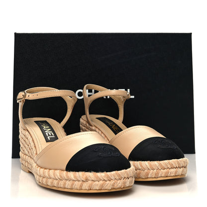Chanel Lambskin Grosgrain CC Espadrilles Wedges 36 Beige Black 9 of 9