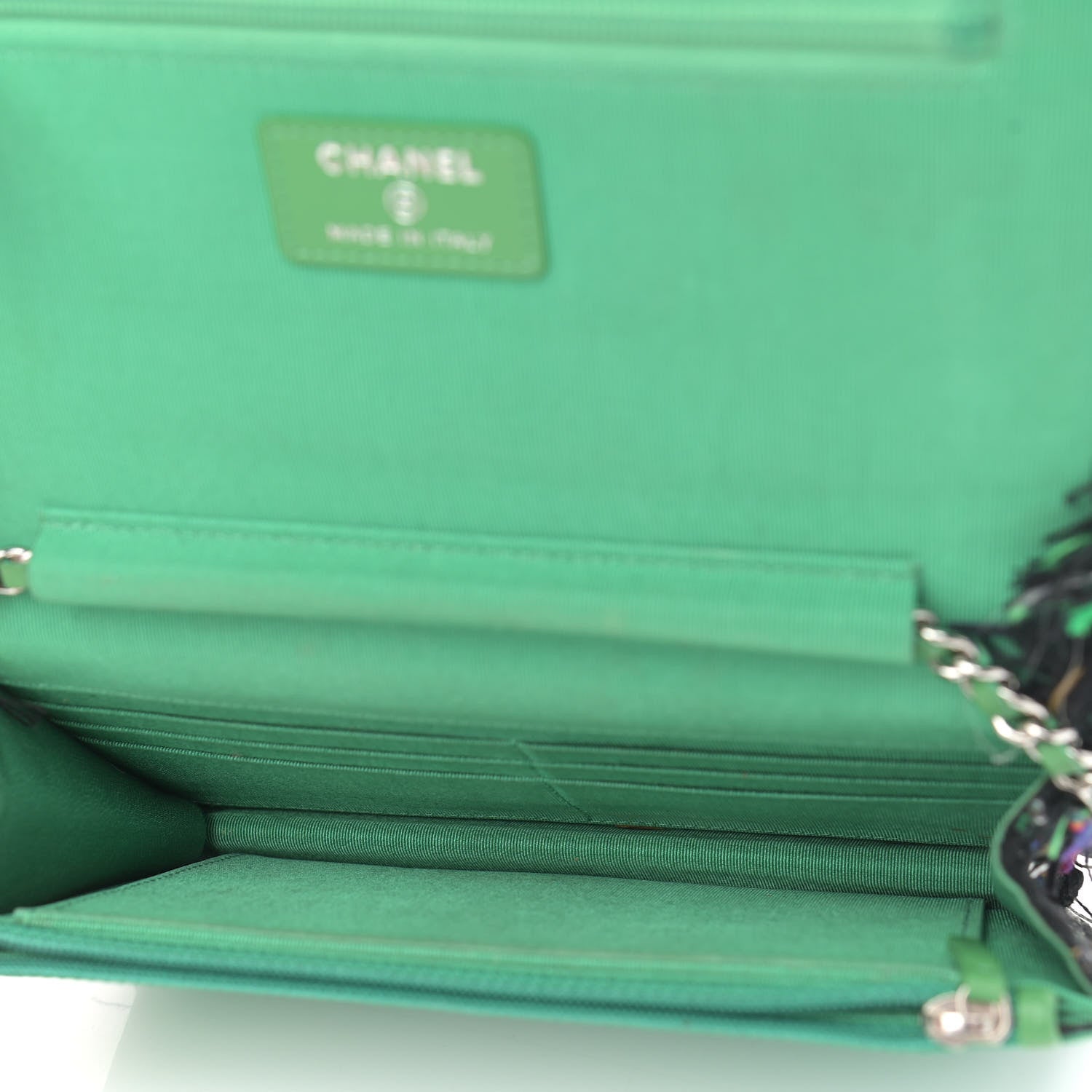 Chanel Tweed Fringe Wallet On Chain WOC Black Green 5 of 10