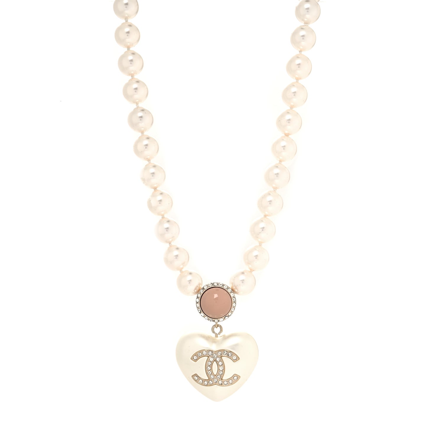 Pearl Crystal CC Heart Short Necklace Pearly White Gold