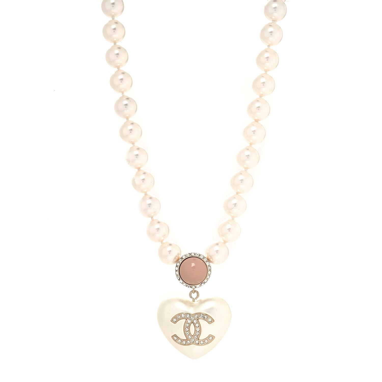 Chanel Pearl Crystal CC Heart Short Necklace Pearly White Gold 1 of 6