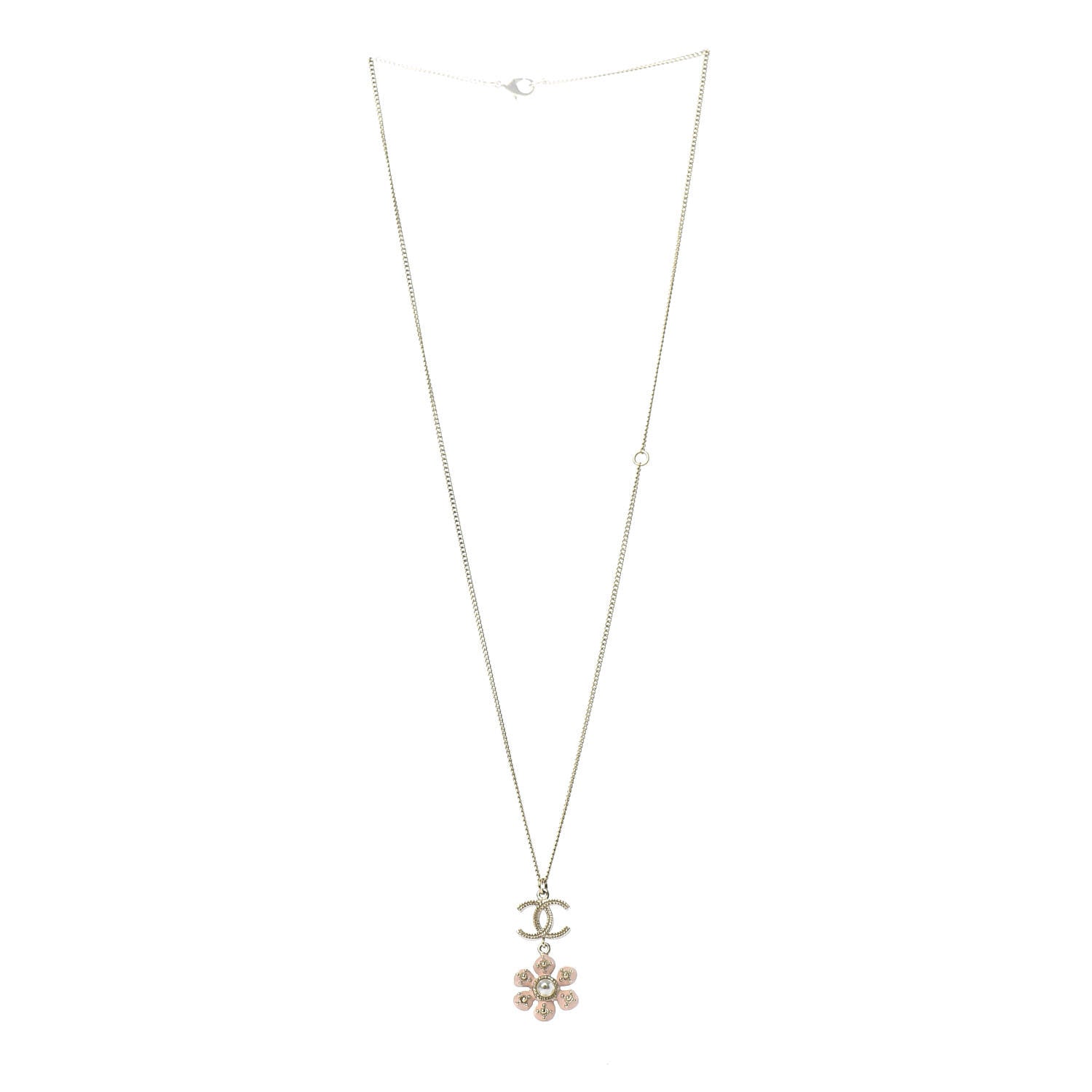 Chanel Enamel Pearl CC Flower Necklace Gold Pink 3 of 5
