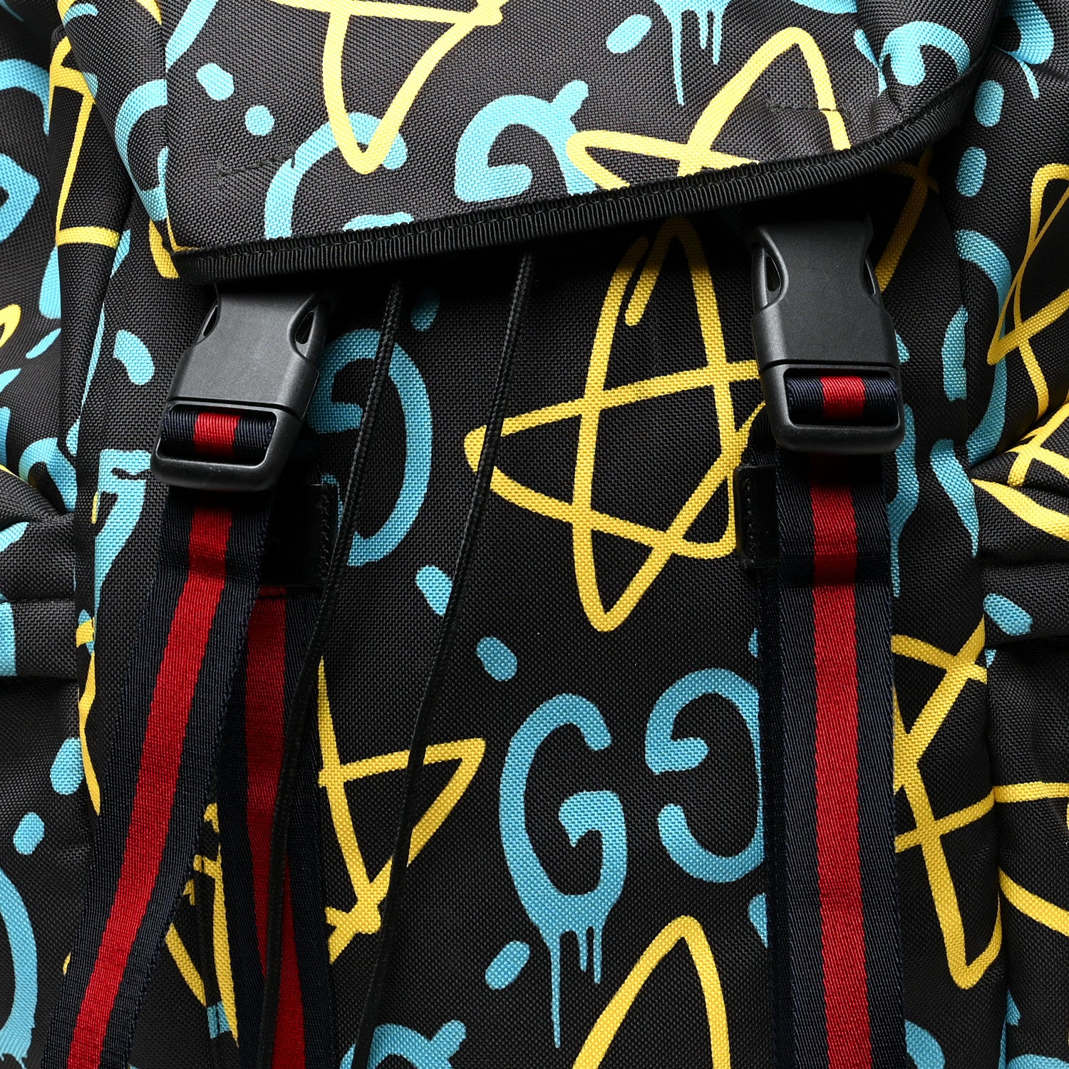 Gucci Techno Canvas GucciGhost Double Buckle Backpack Black New Acquamarine 10 of 12